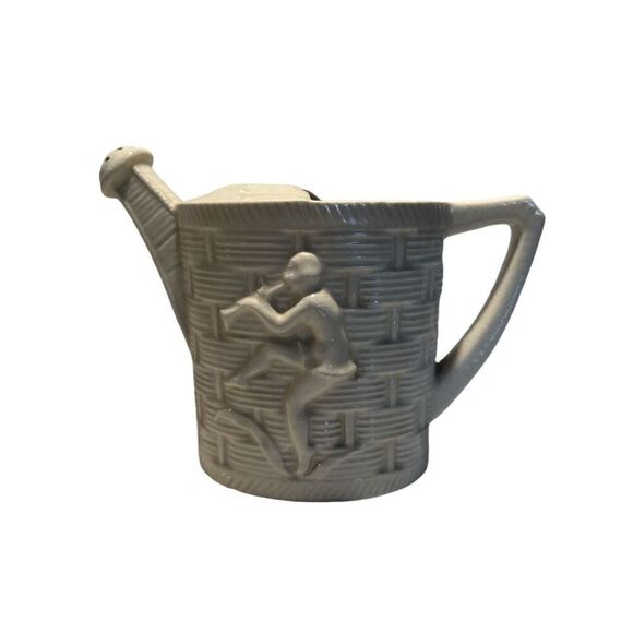 Vintage Horn Player Basket Weave Pattern Watering Can Ceramic Planter - Picture 1 of 7